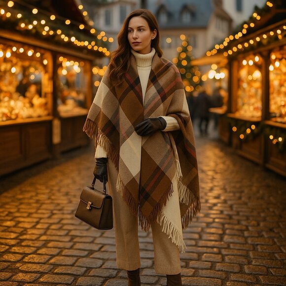 🧣 Liz Sinclair Oversized Plaid Scarf – Timeless Warm Neutrals - Picture 2 of 13